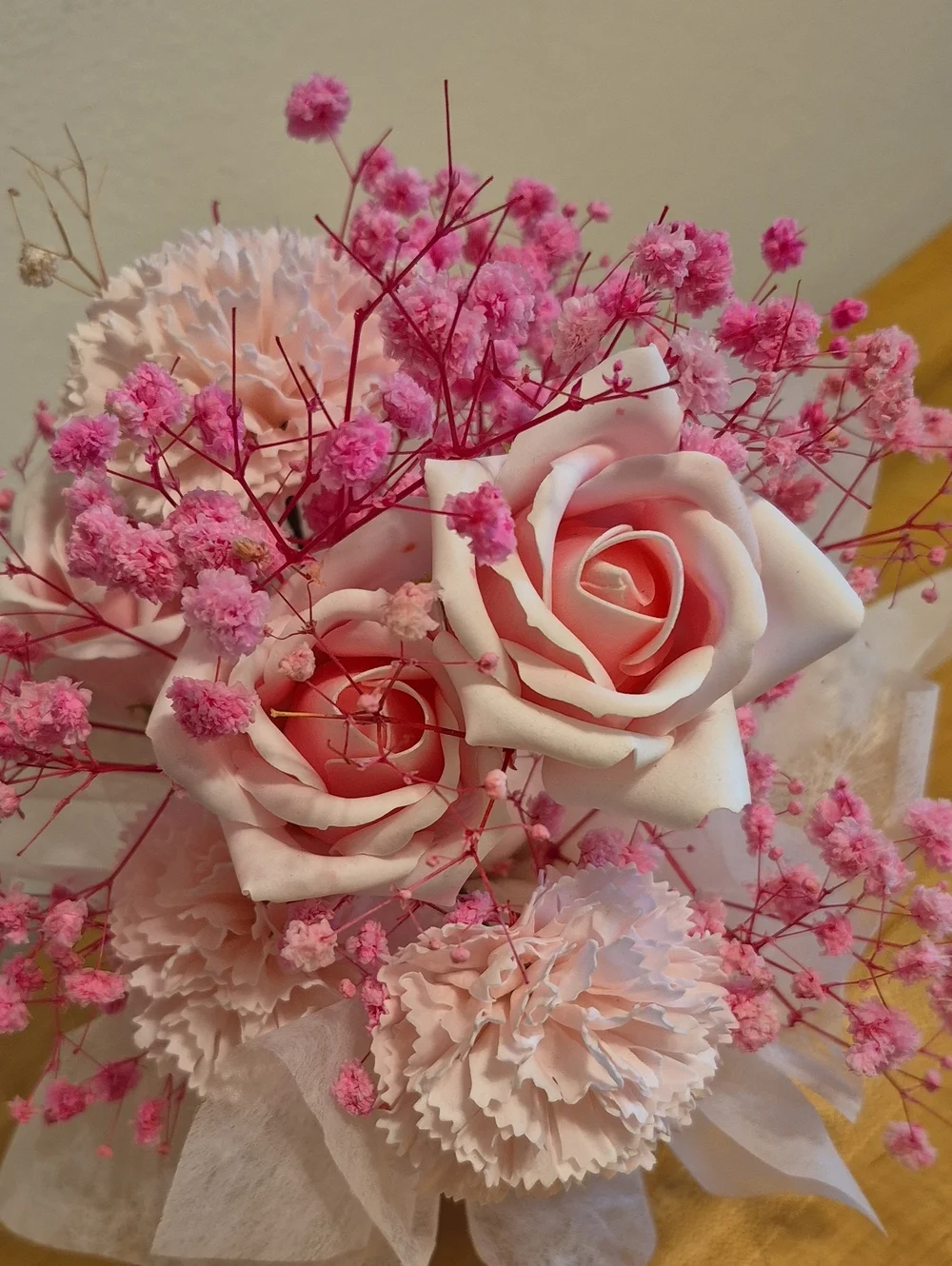 Pink Faux Flower Arrangement Soft Velvety Roses Carnations & Baby's Breath